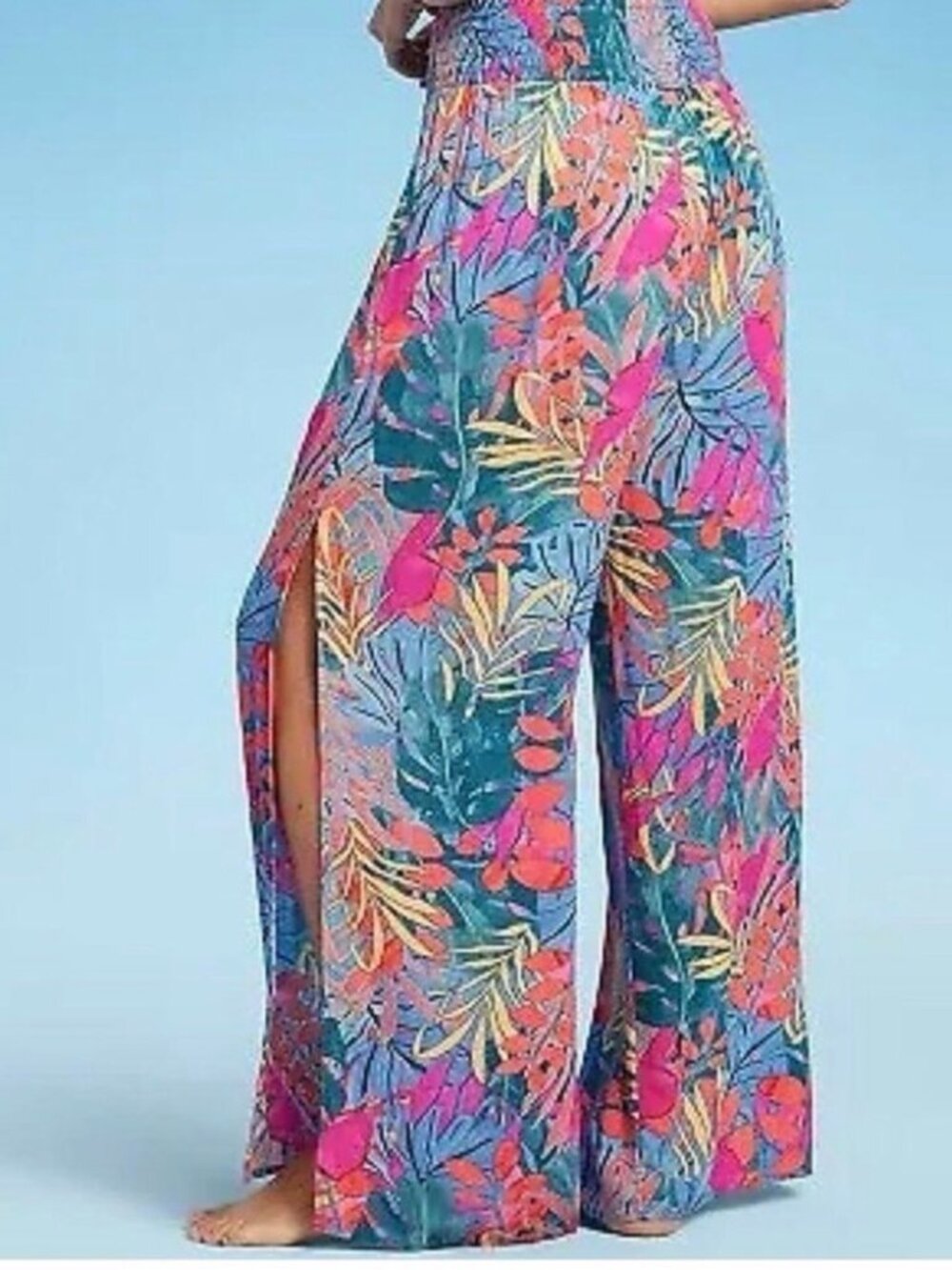 Kona Sol Tropical Wide Leg Swim Cover Up Pants w/Side Slit Size L